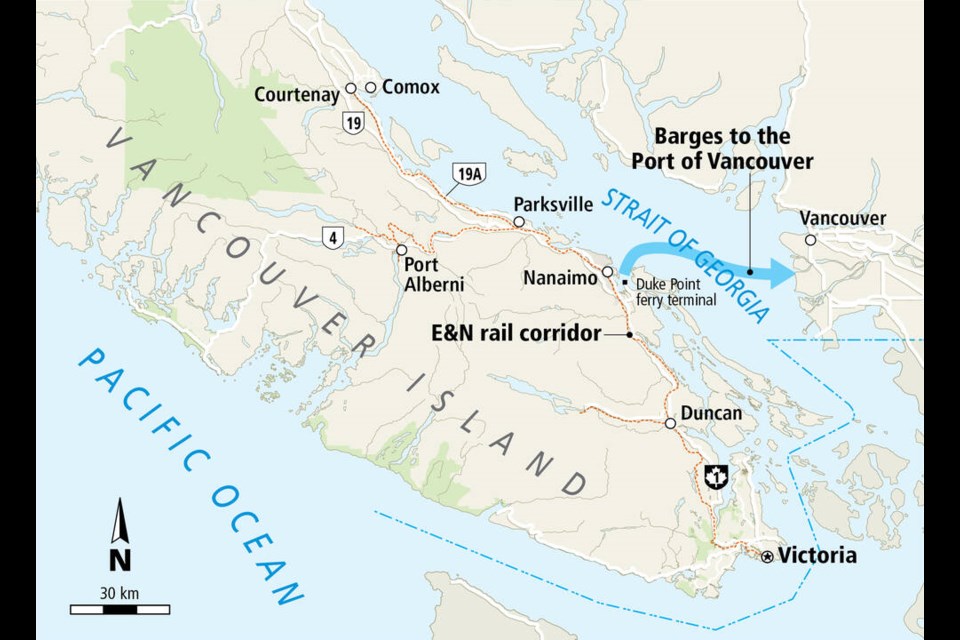 Map shows proposed ship to rail to barge proposal. 