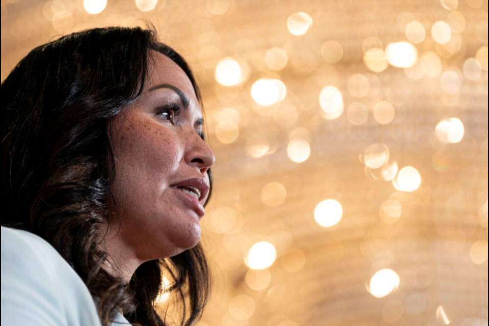 Haisla Nation Chief Councillor Crystal Smith speaks during a press conference announcing that the Cedar LNG project has been given environmental approval, in Vancouver, Tuesday March 14, 2023. THE CANADIAN PRESS/Rich Lam