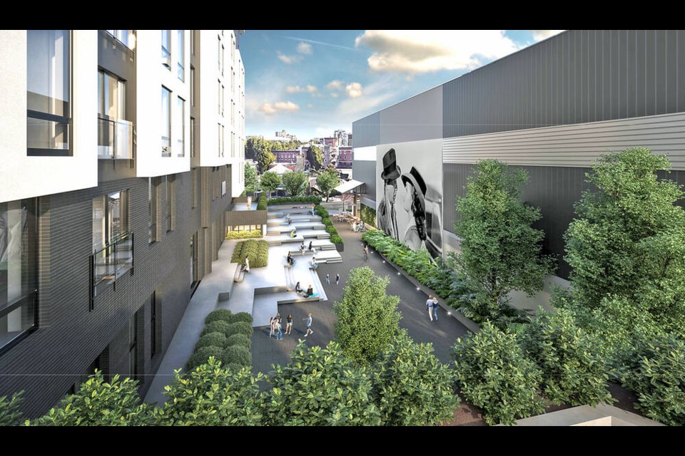 Architect’s rendering of the view from the patio to the courtyard terrace in the $27-million re-imagining of the former Times Colonist building at 2621 Douglas St. D’AMBROSIO ARCHITECTURE AND URBANISM
