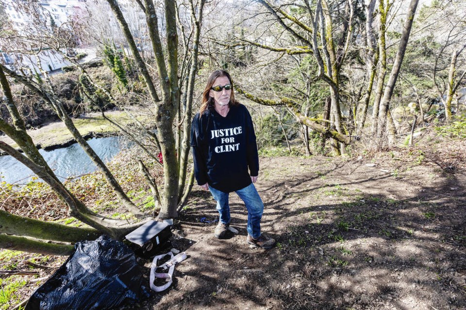 Jeff Callaghan at the site where Clint Smith was shot with a .22 rifle at an encampment off Terminal Avenue in Nanaimo.   DARREN STONE, TIMES COLONIST 