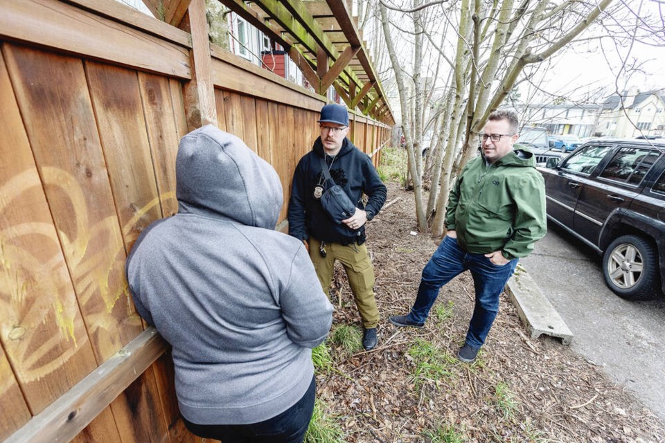 Photo illustration of VicPD Co-Response Team members Const. Tristan Williams, left, and nurse Chris Nagainis working in North Park. The new VicPD/Island Health unit is tasked with handling police calls with a mental-health component. DARREN STONE, TIMES COLONIST 