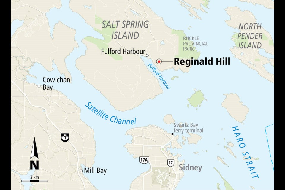 Map showing the location of Reginald Hill on Salt Spring Island. 
