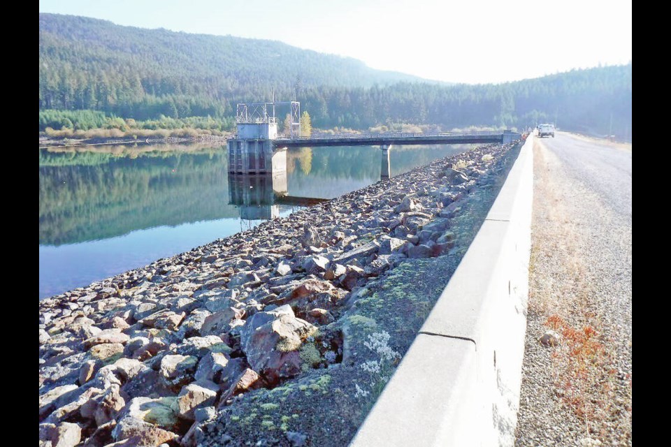 View of upstream face of Sooke Lake dam and intake tower in October 2020. VIA CAPITAL REGIONAL DISTRICT 