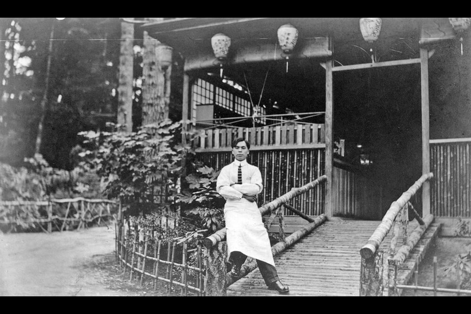 Toyo Takata in front of the Tea House at the Japanese Gardens in Gorge Park. TAKATA COLLECTION, ESQUIMALT ARCHIVES 