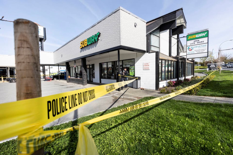 Police taped off a Subway restaurant at a shopping plaza at Bay and Blanshard streets on Thursday, April 27, 2023. DARREN STONE, TIMES COLONIST 