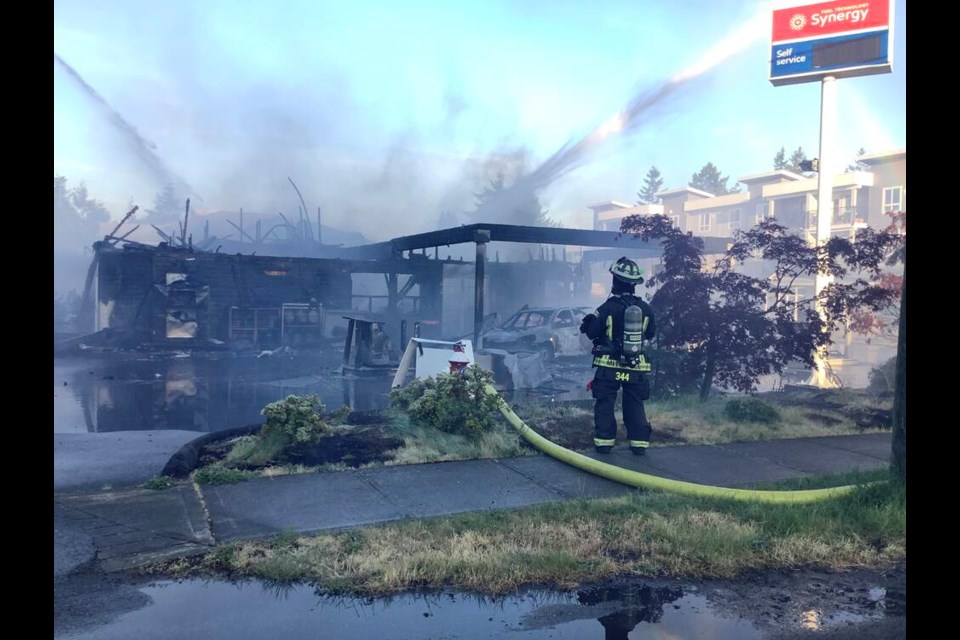 Fire destroyed the Esso Gas Station on Anderton Road in Comox after a driver struck a fuel pump Saturday evening. Photo: Comox Fire 