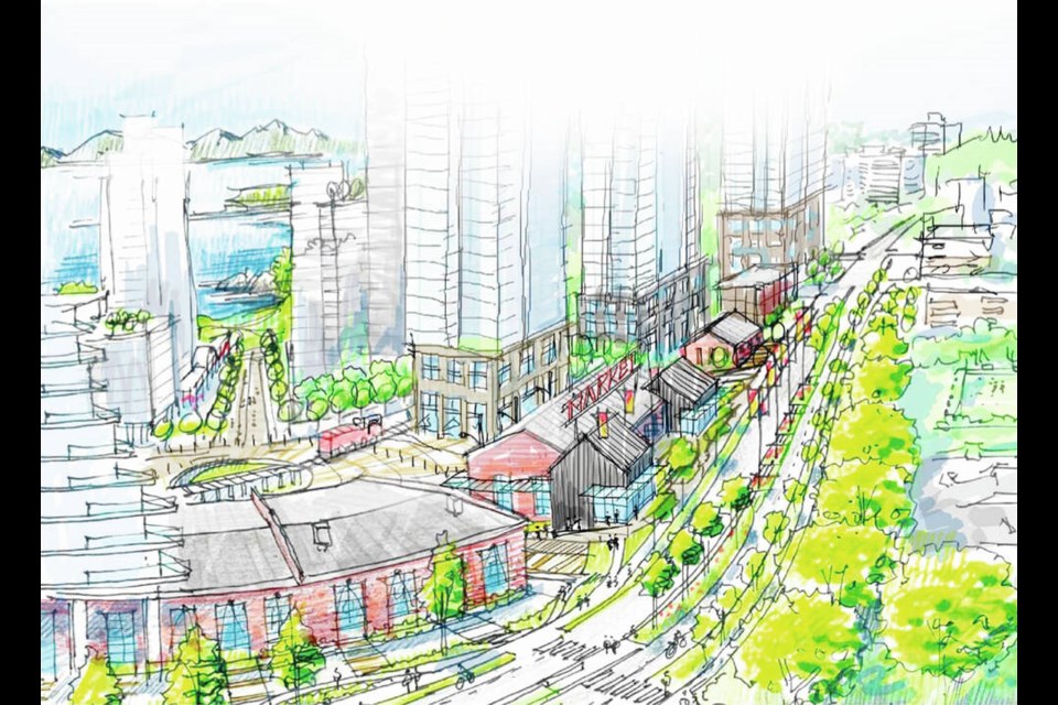 Artist's rendering of the Roundhouse area looking southwest over Esquimalt Road in the proposed ­Bayview Place development. BAYVIEW PROPERTIES 