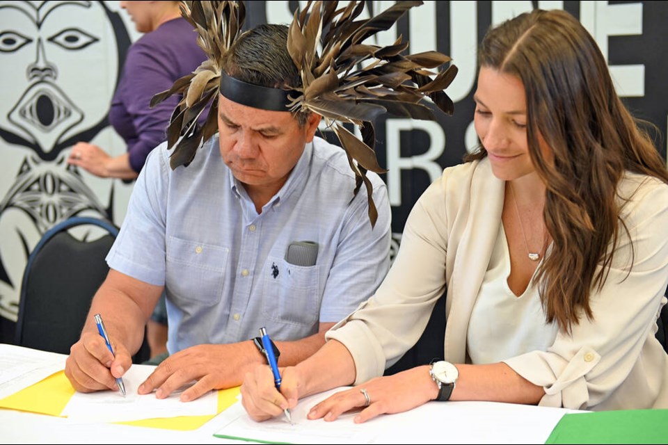 Chief Mike Wyse and Georgia Desjardins of Seacliff Properties sign the land transfer. Via Snuneymuxw First Nation 