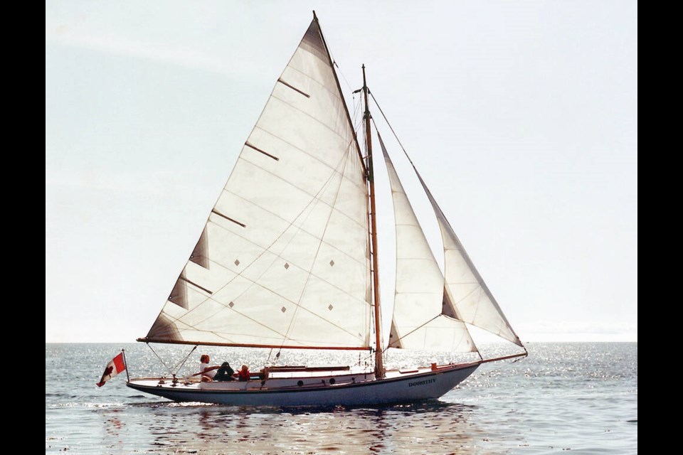 Angus Matthews and son Alec in 1980 sailing Dorothy off Victoria. VIA MARITIME MUSEUM OF B.C. 