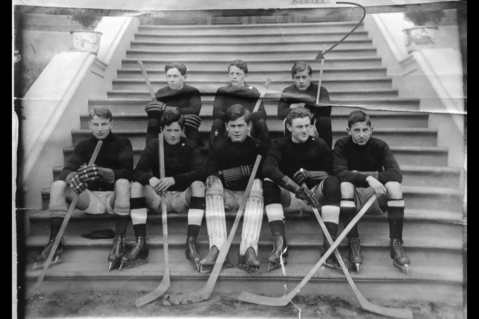 Deane Douglass, top right, with Victoria's University School hockey team. FAMILY PHOTO 
