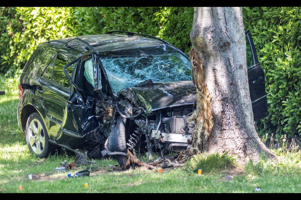 The vehicle involved in a fatal crash on Monterey Avenue. DARREN STONE, TIMES COLONIST 