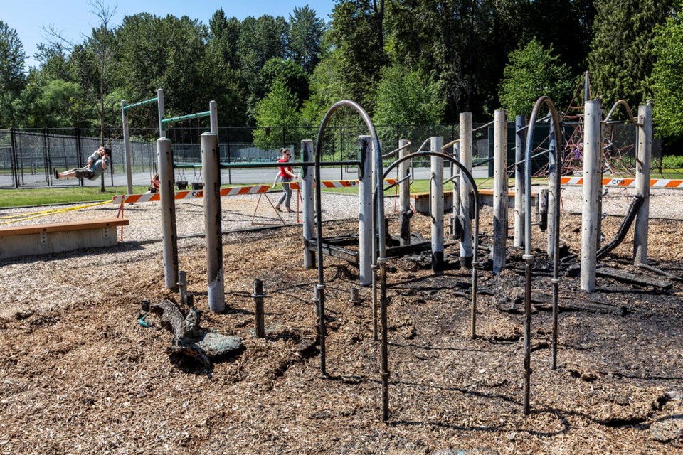 The aftermath of an arson fire can be seen at a playground in Centennial Park in Duncan on Friday, May 26, 2023. DARREN STONE, TIMES COLONIST 