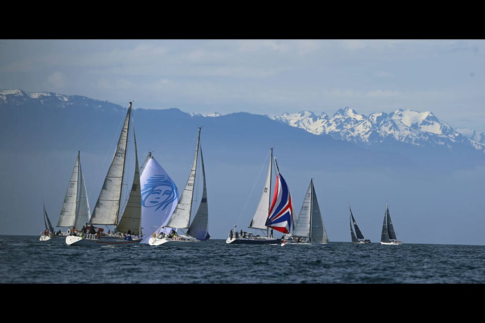 Racing yachts get ready for the start of the 2023 Swiftsure International Yacht Race just off of Clover Point on Saturday morning. ADRIAN LAM, TIMES COLONIST 