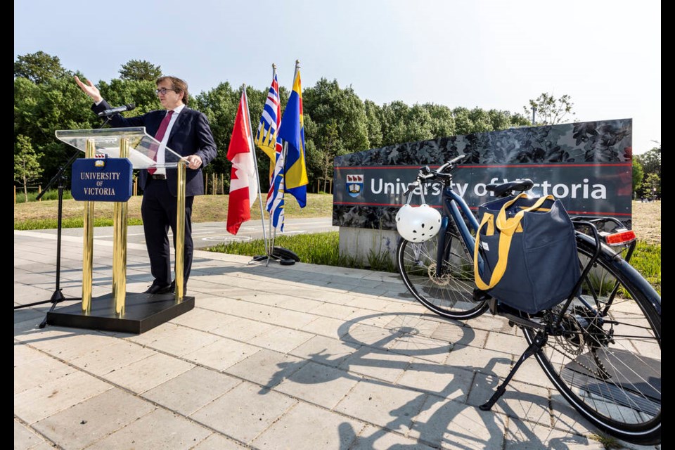 Natural Resources Minister Jonathan Wilkinson announces funding for active transportation projects at the entrance to the University of Victorias perimeter pathway. DARREN STONE, TIMES COLONIST 