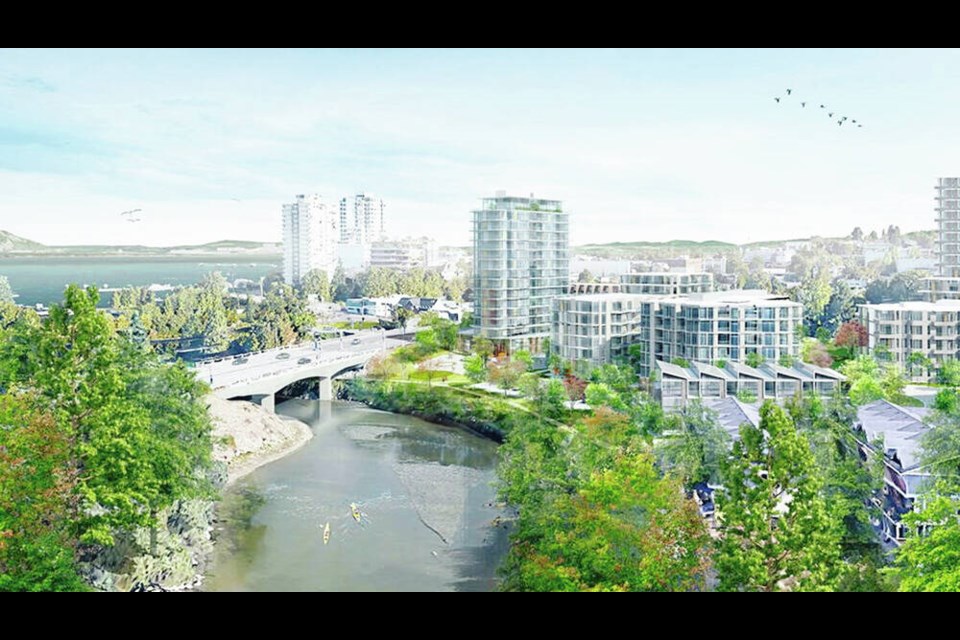 An artists rendering of the proposed development on the Millstone River in Nanaimo. DAmbrosio architecture + urbanism 