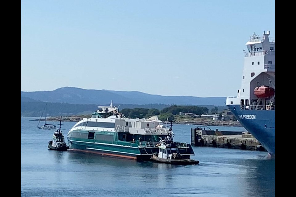 Hullo ferry vessels are unloaded at Ogden Point on Sunday, June 25, 2023. They were built in Vietnam and transported to Vancouver Island by cargo ship. The 354-passenger vessels will provide service between downtown Nanaimo and downtown Vancouver starting in early August. TIMES COLONIST 