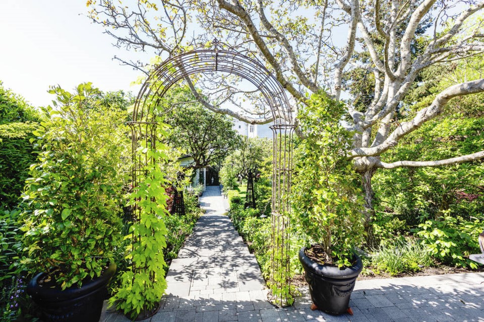 While less than a quarter of an acre, the garden evokes a surprising a visual vastness thanks to paved pathways, broad stairs, arbours, trellises, a gazebo and much more around each enticing corner. 