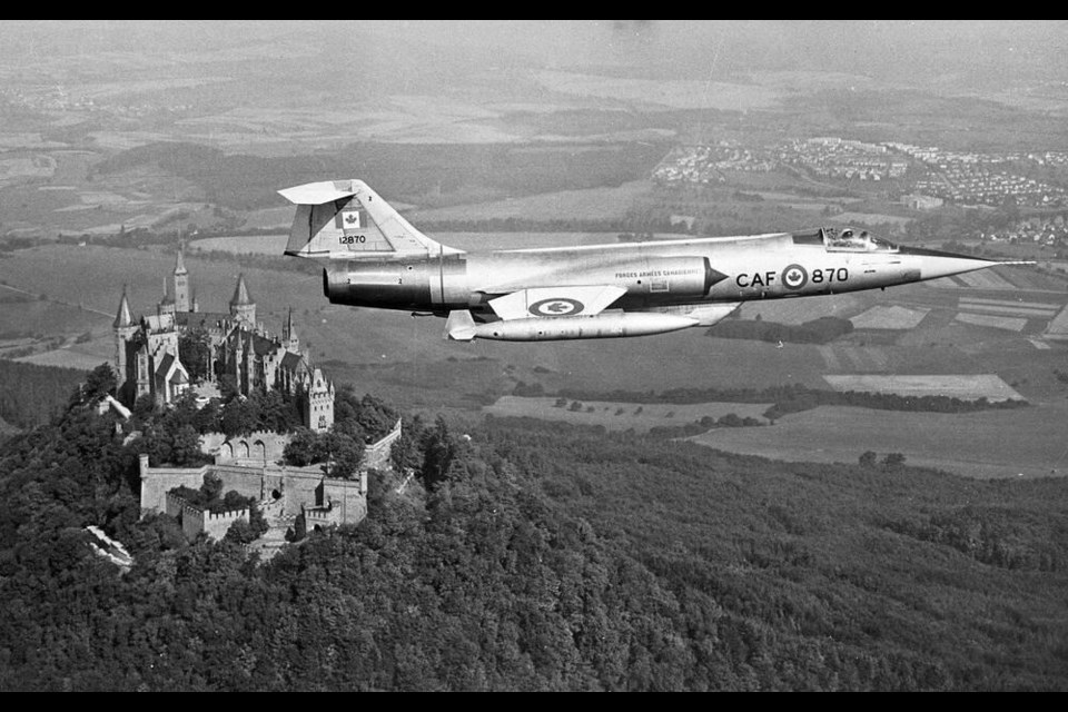 A CF-104 Starfighter from Canada's NATO-assigned No. 1 Air Division flies over Hohenzollern castle in the Federal Republic of Germany. The Air Division was equipped with six squadrons of the jet aircraft and based in Germany. VIA DEPARTMENT OF NATIONAL DEFENCE 