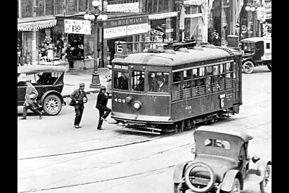 B.C. Electric streetcar at Yates and Douglas streets in the heart of Victoria.  ARCHIVES, E-01978-141 