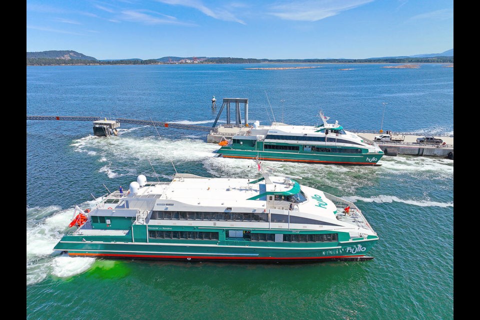Hullo’s new high-speed passenger ferries, Spuhéls and Sthuqi,’ arriving in Nanaimo. VANCOUVER ISLAND FERRY COMPANY 
