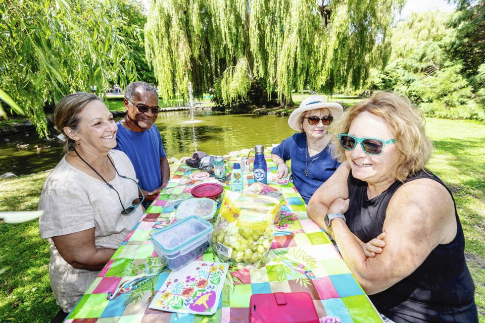 From left, Rebecca Prilusky, David Fawkes, Arlene Birge and Sue Birge picnic in Beacon Hill Park. 
DARREN STONE, TIMES COLONIST 