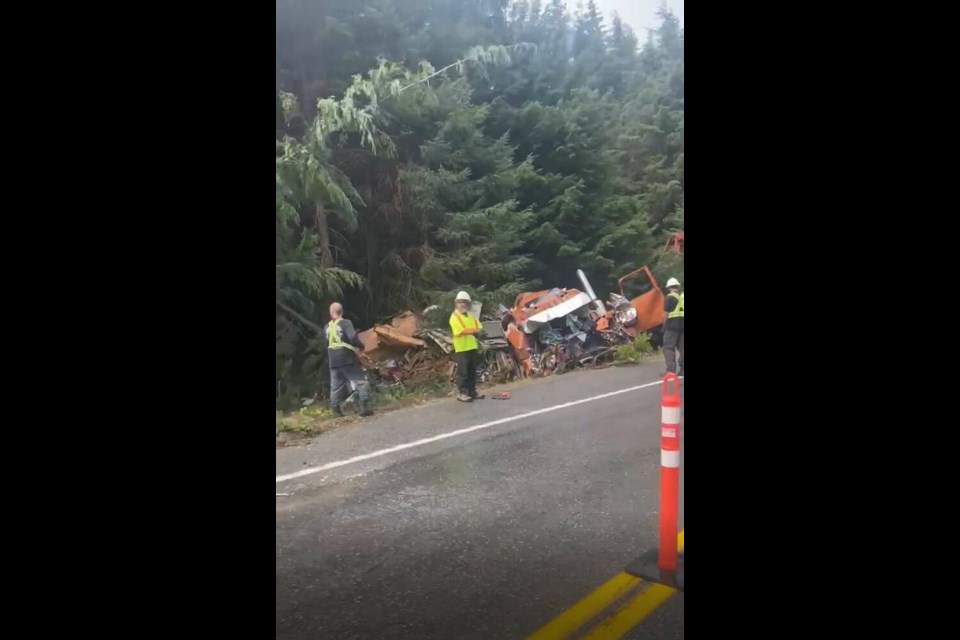 A screengrab from a video shows the aftermath of a crash Highway 19 and overturned near Sayward on Sunday, Aug. 27, 2023. SUBMITTED BY AUTUMN MAXWELL