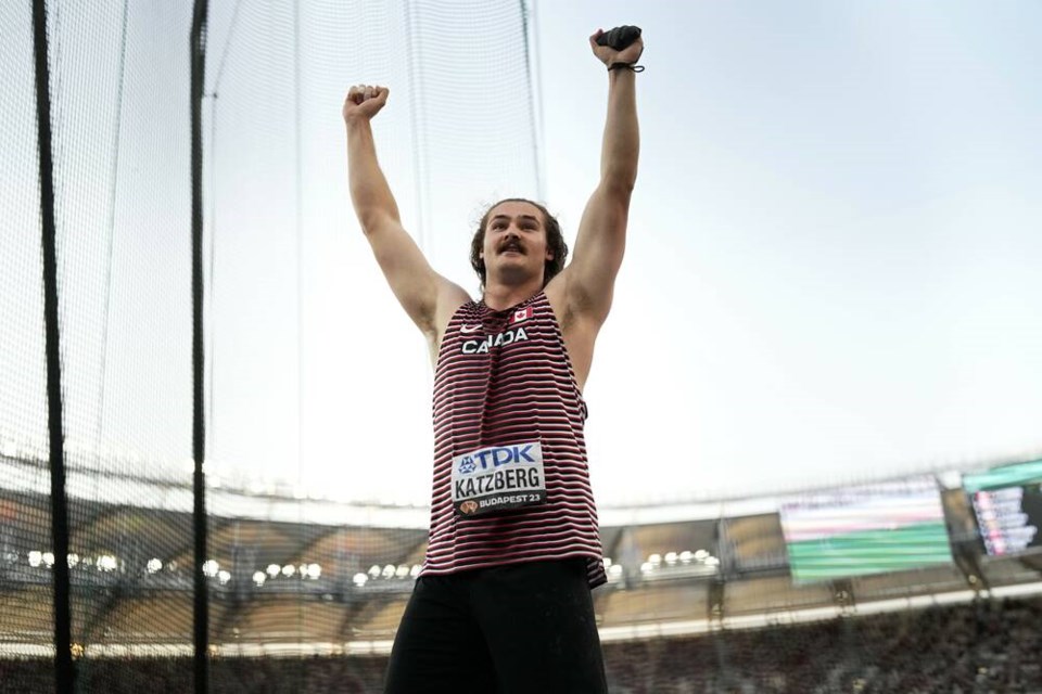 Ethan Katzberg, of Canada,reacts after an attempt in the Men's hammer throw final during the World Athletics Championships in Budapest, Hungary, Sunday, Aug. 20, 2023. (AP Photo/Bernat Armangue)