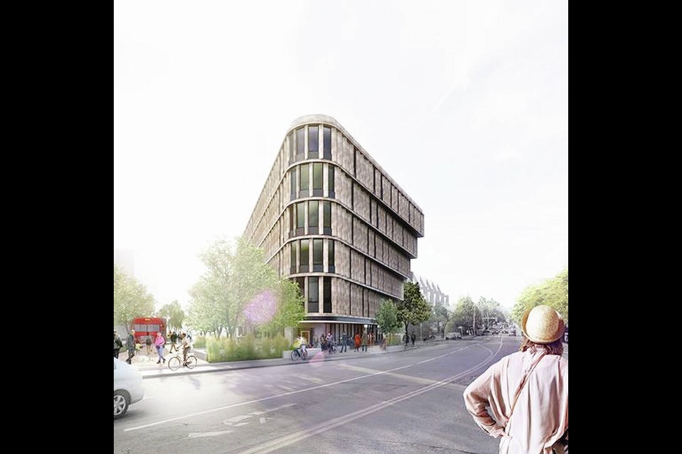 Proposed design for a mixed-use building on the Turner Building site on Richmond Road opposite Jubilee Hospital in Victoria.  Cascadia Architects 