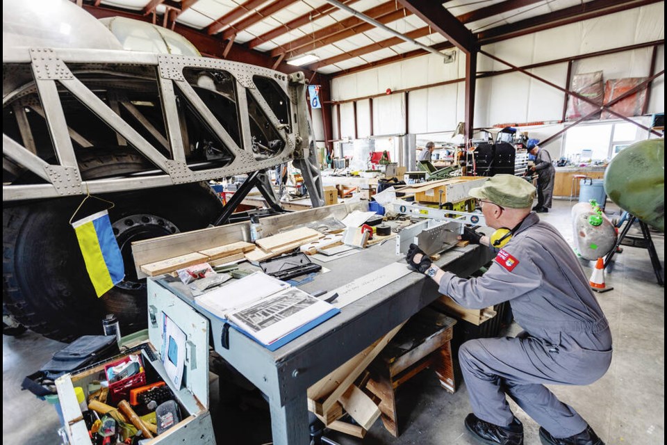 Avro Lancaster restoration work. The four-engine ­Lancaster, with serial number FM104, came off the ­production line in 1944 at Victory Aircraft’s Malton plant near Toronto’s Pearson International Airport. In early 1945, the aircraft was flown to England, but it never saw action, as the war in Europe ended that spring.  DARREN STONE, TIMES COLONIST 