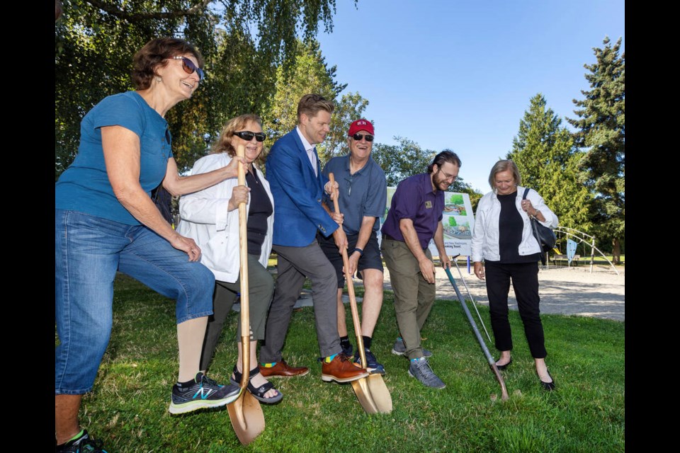 Chris Bartlett, left, Coun. Judy Brownoff, Mayor Dean Murdock, John Schmuck, Coun. Teale Phelps Bondaroff and former councillor Susan Brice take part in a groundbreaking ceremony at Rutledge Park in Saanich on Thursday, Aug. 10, 2023. DARREN STONE, TIMES COLONIST 