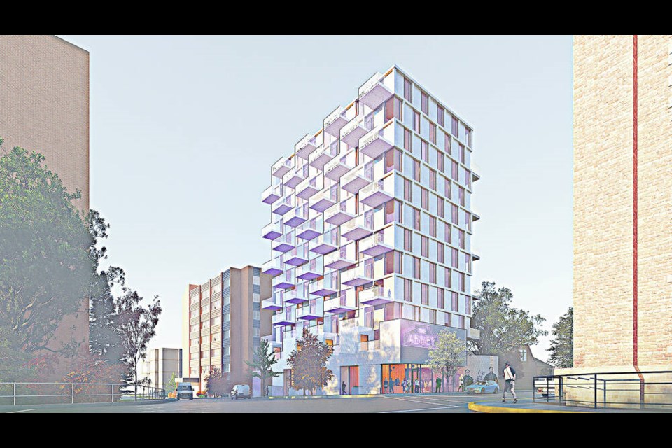 An artist’s rendering of a proposed development at 1702 Quadra St. and 862 Fisgard St. VIA ARYZE DEVELOPMENT 