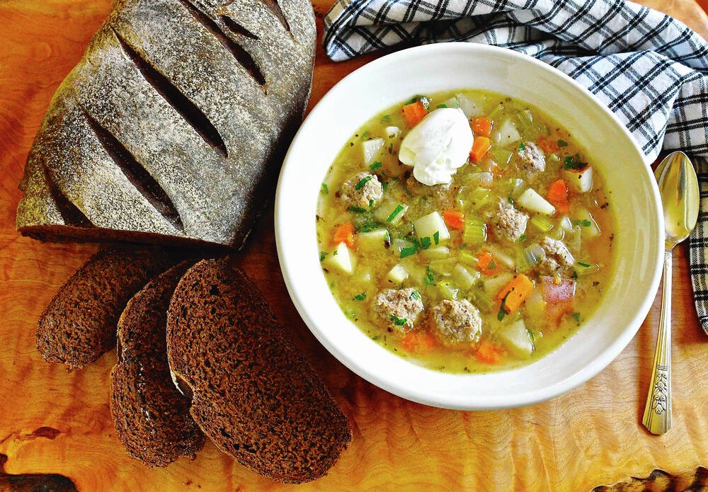 Latvian Frikadelle (Meatball) Soup Recipe with Homemade Dark Rye Bread