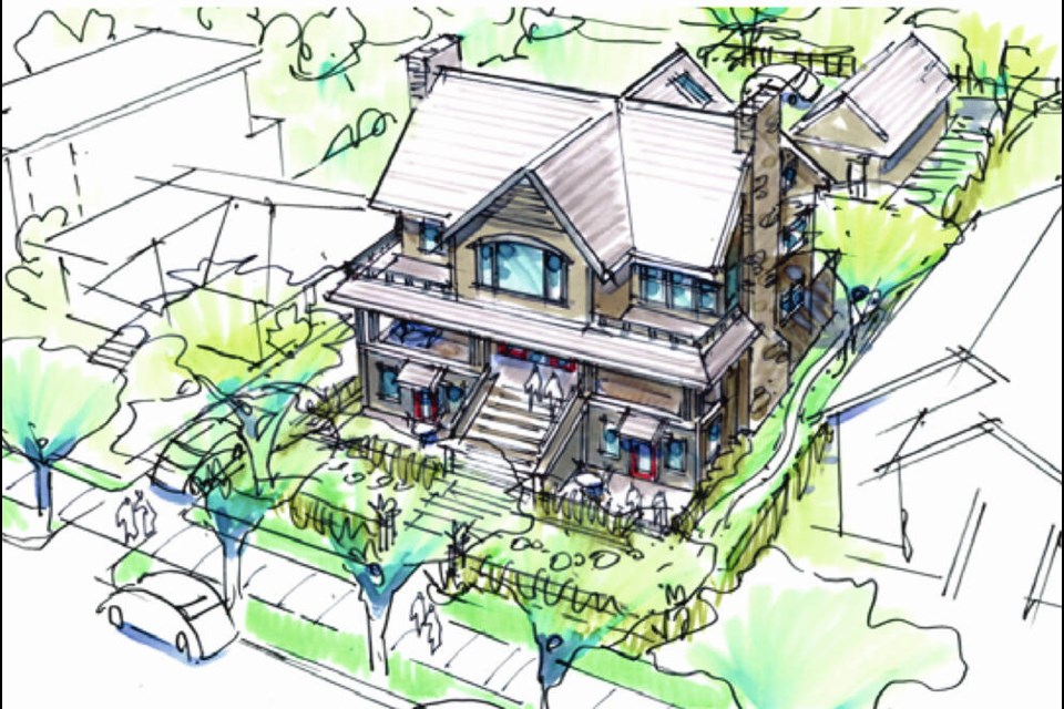 An illustration of a multi-unit house, or houseplex, from the City of Victoria document Missing Middle Design Guidelines. 