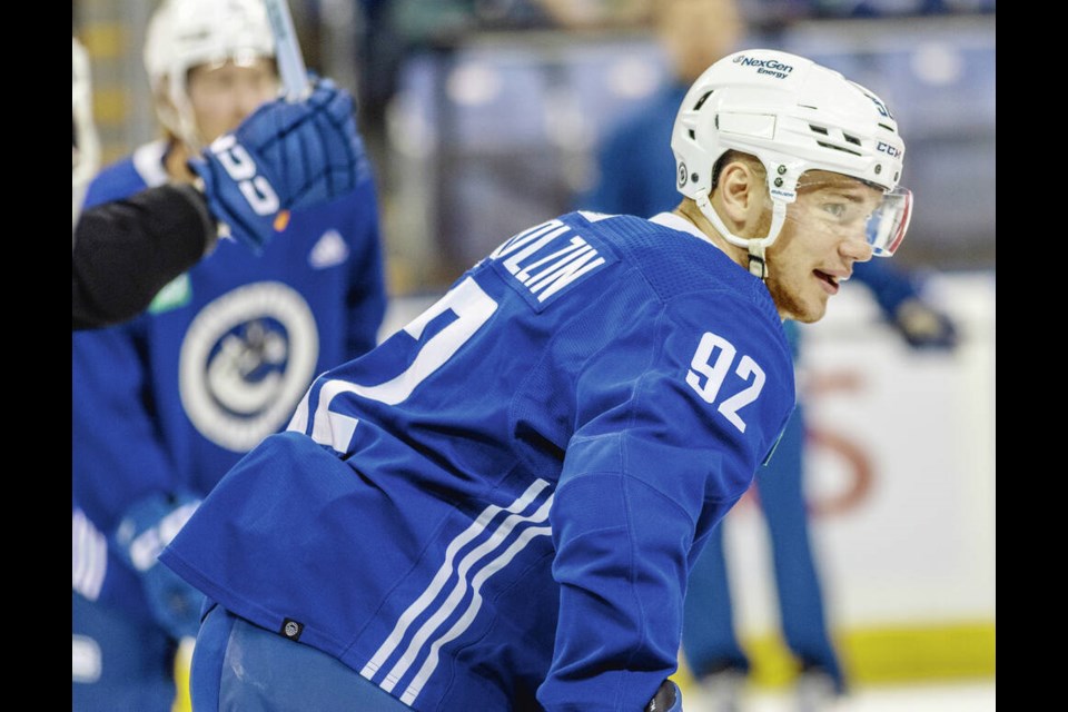 Canucks winger Vasily Podkolzin was on a line with veterans Brock Boeser and J.T. Miller during Friday’s training camp session at Save-on-Foods Memorial Centre. DARREN STONE, TIMES COLONIST 
