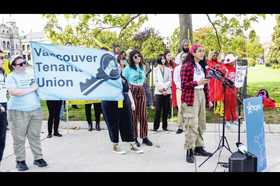 Mel Andita of the Vancouver Tenants Union speaks at the B.C. General Employees’ Union rally at the legislature on Wednesday. DARREN STONE, TIMES COLONIST 