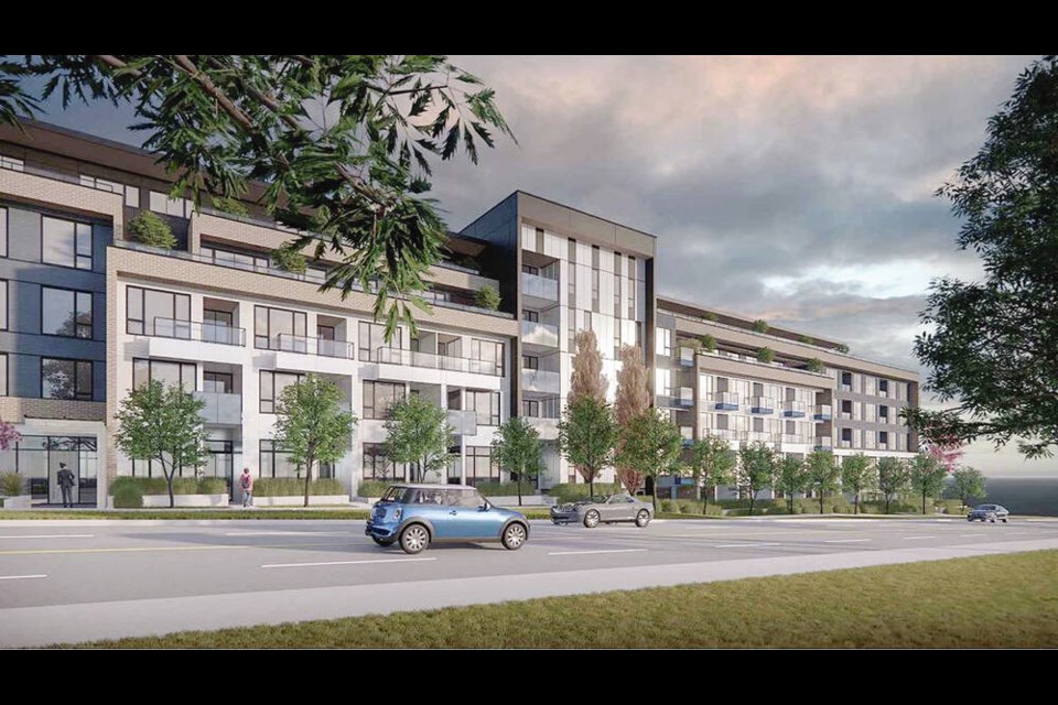 A rendering of a proposed 119-unit apartment complex that would replace five single-family and duplex residential buildings on Tillicum Road and Lampson Street. VIA LIDA HOMES 