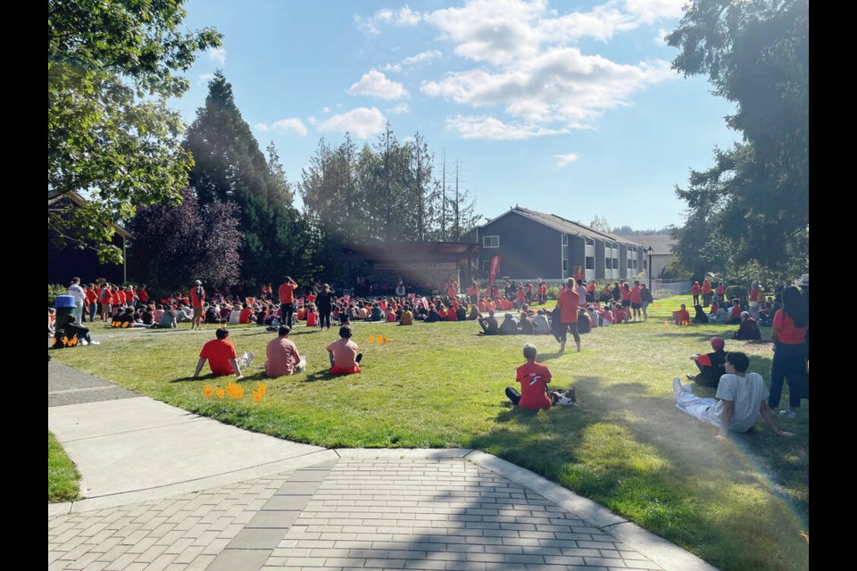 Students from WSÁNEĆ Leadership Secondary School and Stelly’s Secondary gathered in September 2022 in Pioneer Park to urge Central Saanich council to rename the park. VIA DISTRICT OF CENTRAL SAANICH 