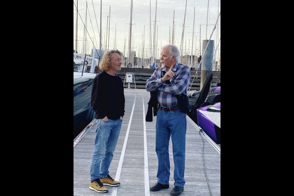 Yves Le Cornec, left, and Steve Nichol meet each other for the first time this month in La Trinite-sur Mer, France, 43 years 
after Nichol’s air force crew rescued the French solo sailer in the mid-Atlantic. COLLEEN NICHOL 