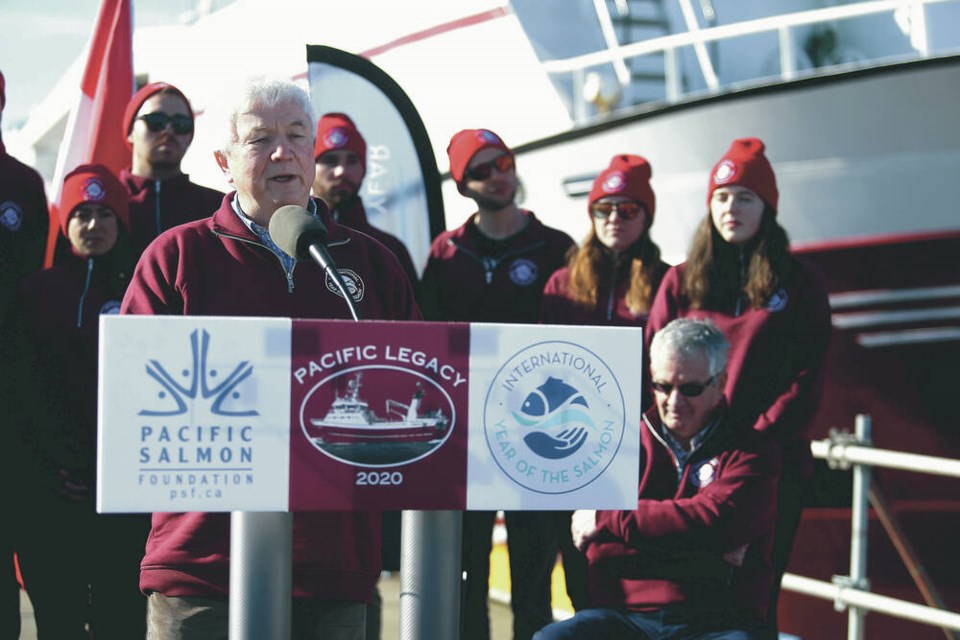 Richard Beamish, with the vessel Pacific Legacy in the background at Point Hope Shipyard in 2020, says it’s hard to know why salmon returns are fluctuating so much without more international surveys of the changes in ocean ecosystems. ADRIAN LAM, TIMES COLONIST