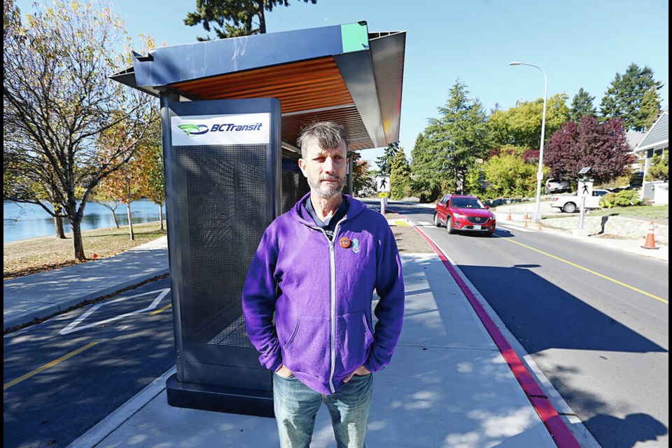 Julian Anderson, a long-time Gorge-Tillicum resident, remembers taking the Route 11 bus to downtown as a child. Area residents say bus shelters on Gorge Road remain largely unused after B.C. Transit made cuts to the 50-year-old route with little advance notice. ADRIAN LAM, TIMES COLONIST 