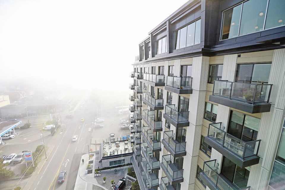 The view on a foggy morning from one of the suites on the 10th floor at The Vista, the newest retirement community in Esquimalt, which opened with a ribbon cutting and an open house on Thursday. ADRIAN LAM, TIMES COLONIST 