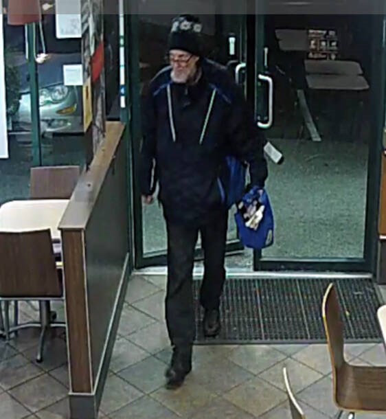 Police are looking for a man who stole a Canadian Legion poppy donation box from a Saanich restaurant on Nov. 12. GREATER VICTORIA CRIME STOPPERS 