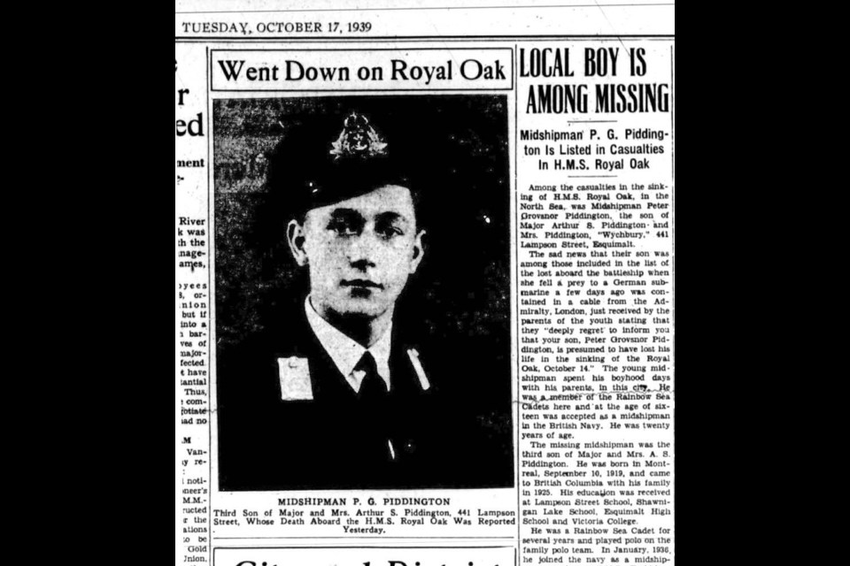 The announcement of Peter Piggington's death aboard the Royal Oak in the Victoria Daily Colonist on Oct. 17, 1939.