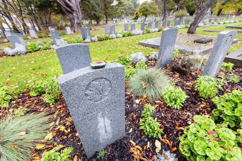 New headstones for veterans have been popping up on the south end of Ross Bay like flowers, says local historian Sheryl Walker. “Where there was a grass field with unmarked graves, there are reminders now of who these people were.”  DARREN STONE, TIMES COLONIST 