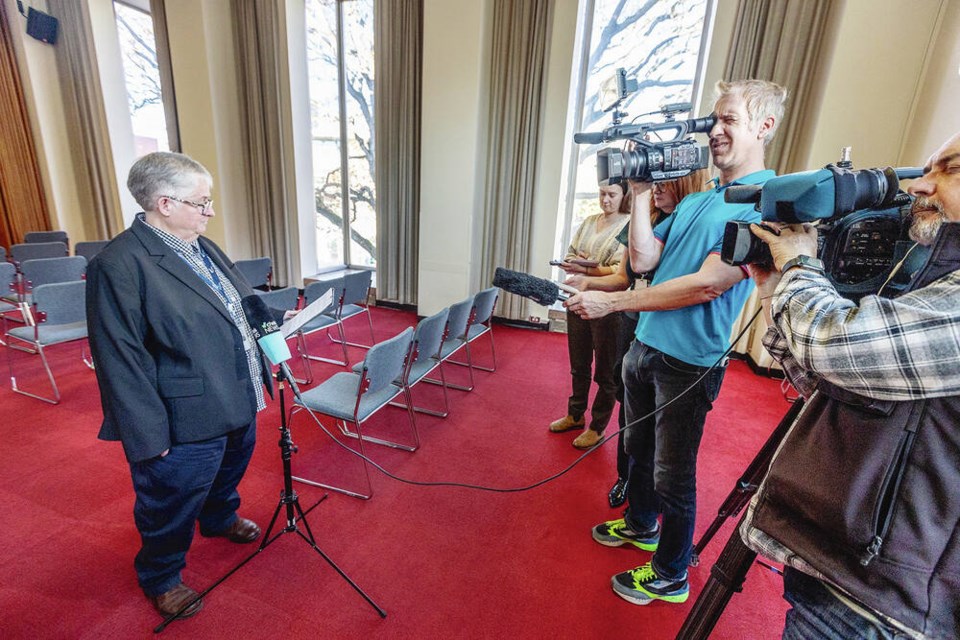 City of Victoria Mayor Marianne Alto speaks to media about the controversy at Victoria City Hall on Thursday. DARREN STONE, TIMES COLONIST 