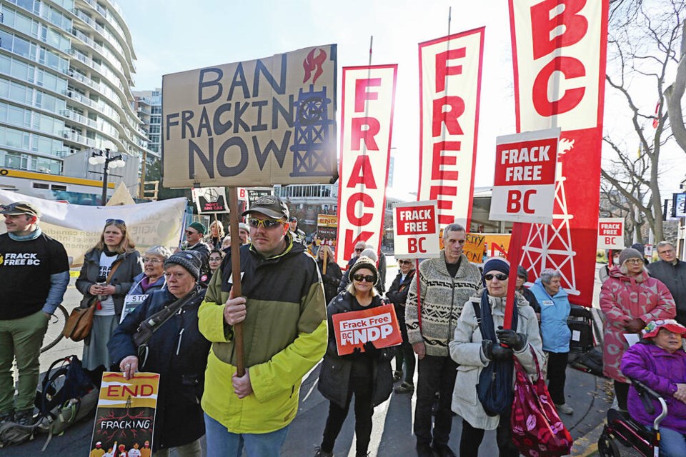 250 protest frac'ing outside BC NDP 2023 convention in victoria