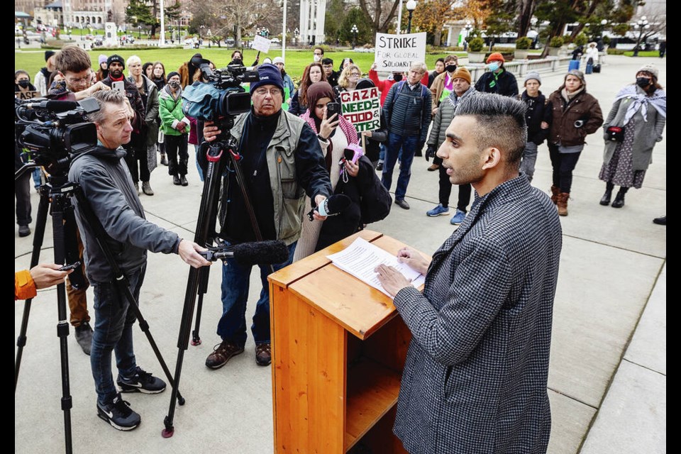 Shawn Ullah of the National Council of Canadian Muslims speaks at a news conference this week about the Dec. 3 attack at the B.C. legislature. DARREN STONE, TIMES COLONIST 
