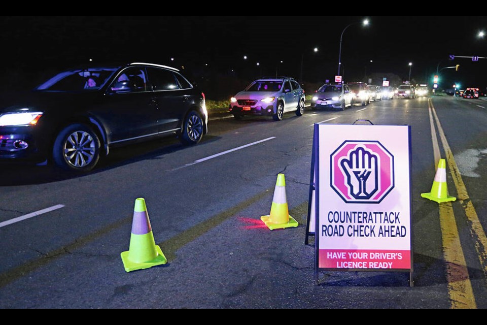 RCMP and Saanich police officers hold a road block on the Quadra Street overpass on Dec. 2, the official launch of the province’s holiday CounterAttack program. A look at the statistics shows there’s still a need for education and enforcement around impaired driving, writes John Ducker. ADRIAN LAM, TIMES COLONIST 