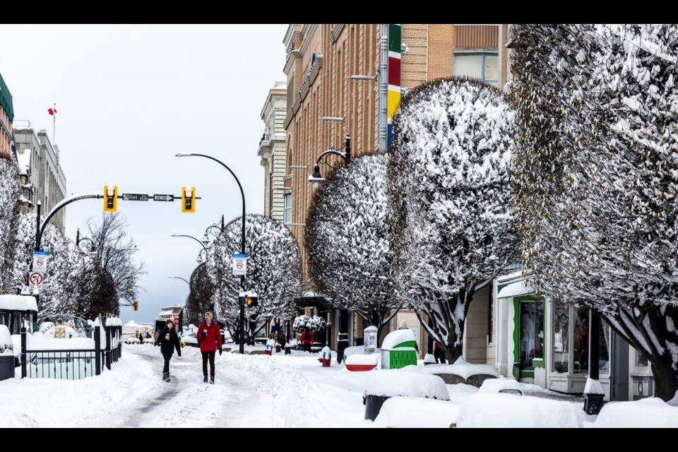 Pedestrians walk on Government Street in Victoria after a pre-Christmas snowstorm last December. Environment Canada has pegged the chances of a white Christmas in the capital region this year at 12 to 16 per cent.	DARREN STONE, TIMES COLONIST 