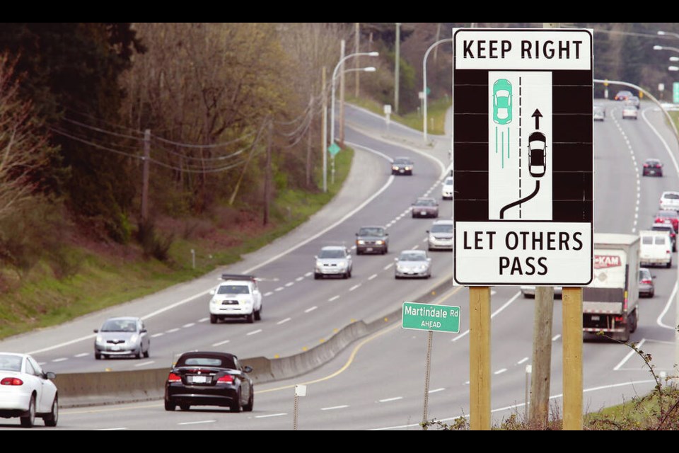 A driver in the leftmost lane must exit that lane on the approach of another vehicle from behind when it is safe to do so. TIMES COLONIST 